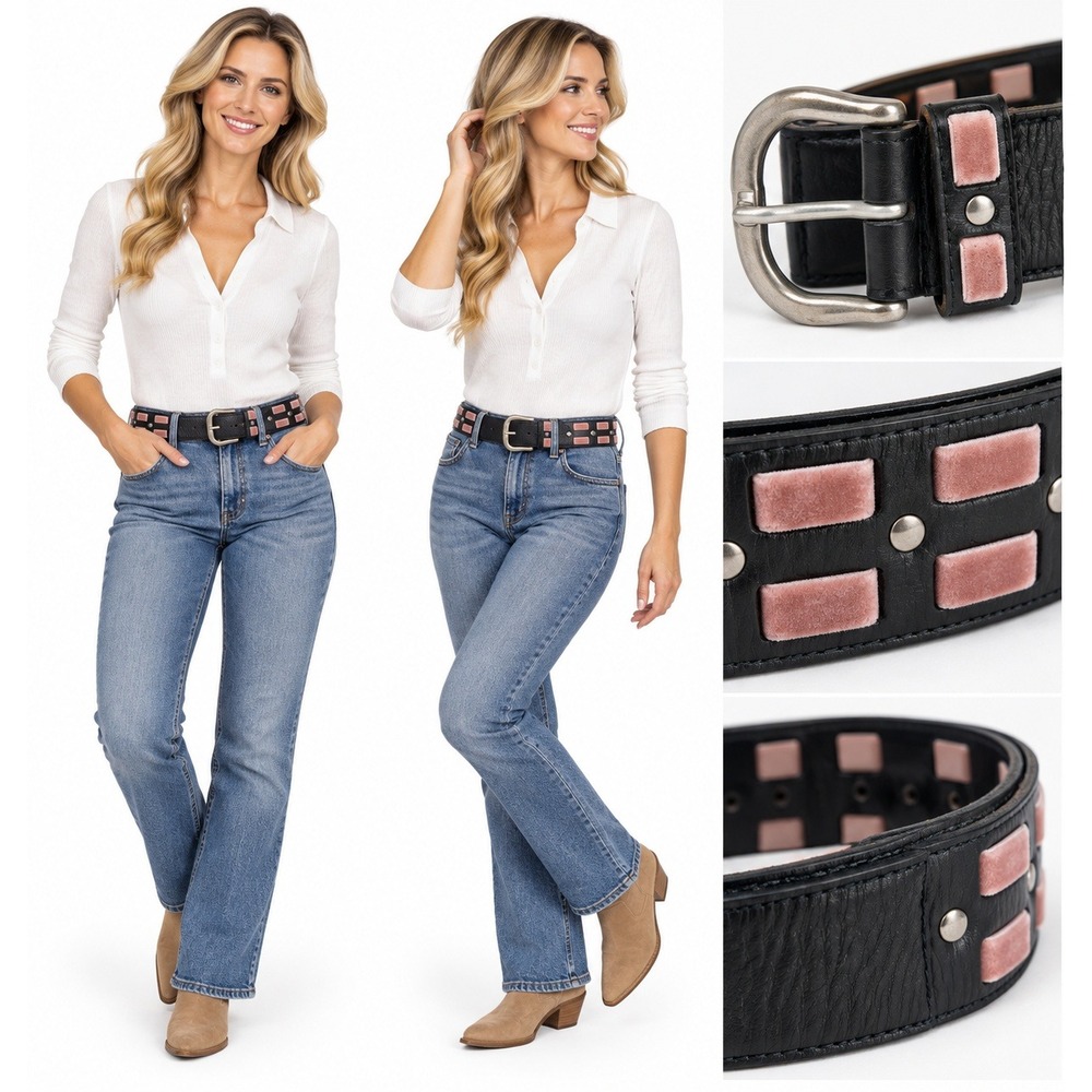 Linea Pelle Belt S Black Leather Pink Velvet Studded Wide Y2K Boho Rocker